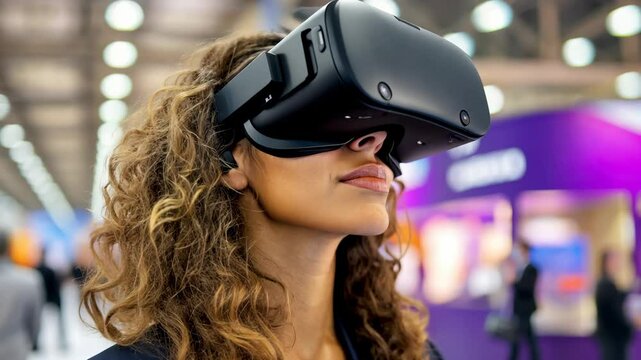 Immersive Virtual Reality Experience: A woman experiences the cutting edge of VR technology, wearing a sleek headset and looking upwards.