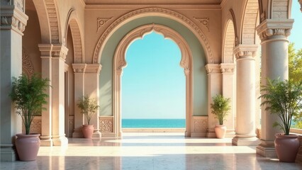 Serene coastal vista framed by elegant arched hallway with potted plants