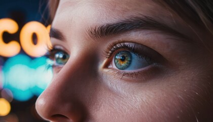 Intense gaze of a young woman reflecting vibrant neon lights, close-up