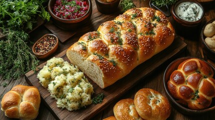 Golden Loaf: A close-up shot of a golden loaf of bread, sliced open to reveal its soft interior, sitting alongside an array of fresh ingredients. It evokes warmth, nostalgia.