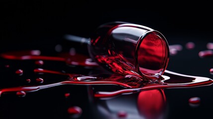 A spilled glass of red wine on a dark surface, creating an elegant mess.