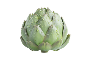 Fototapeta premium Green artichoke with water droplets and detailed texture, isolated, no background