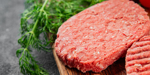 Raw meat cutlet pork beef meat dish organic product fresh tasty gourmet food background on the table rustic food top view copy space keto and paleo diet