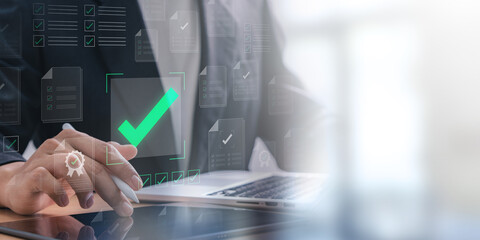 Business professional approving digital documents on touchscreen interface with green checkmarks,...