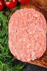 Raw meat cutlet pork beef meat dish organic product fresh tasty gourmet food background on the table rustic food top view copy space keto and paleo diet