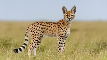 Wild serval cat stands alert in grassy field, looking at the viewer