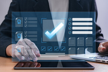 Digital certification and approval workflow with large blue checkmark interface, highlighting document verification, task tracking, and process management in corporate environment using smart devices