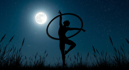 Naklejka premium Dancing Silhouette under Moonlight: A graceful silhouette of a person hula hooping under the enchanting glow of a full moon, set against a starlit night.