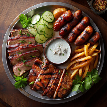 Rustikale Grillplatte mit saftigen Fleischst&uuml;cken, knusprigen Pommes frites, gegrillten W&uuml;rstchen und frischem Gem&uuml;se auf einem silbernen Teller mit Dip-Sauce.