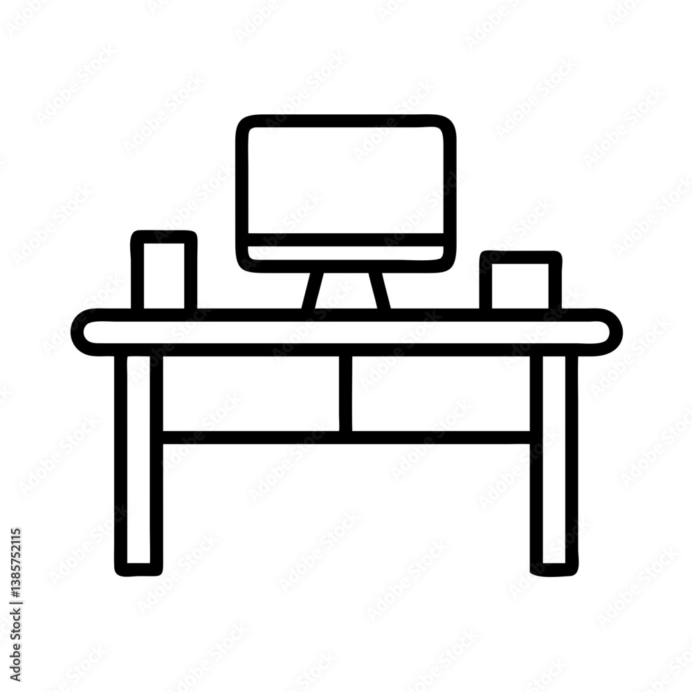 Fototapete Outline vector of computer desk setup with monitor and speakers for office or home workstation use case