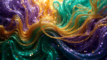 Obraz premium Dazzling Abstract, A Captivating Swirl of Gold, Teal, and Purple Glittering Strands Creating an Exquisite Visual Symphony of Color and Light