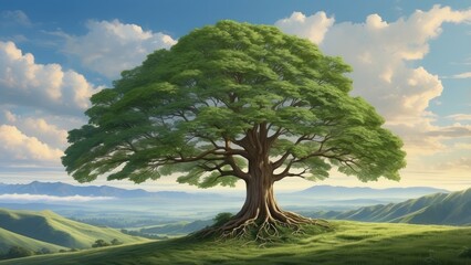 Naklejka premium A majestic tree stands prominently with an expansive green canopy.