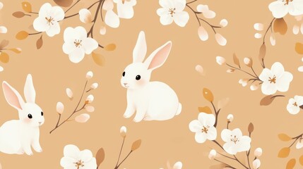 Cute rabbits with spring flowers pattern