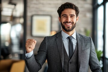 Fototapeta premium confident businessman in suit is showcasing his success with joyful expression in modern office setting. His smile radiates positivity and determination, embodying professionalism and ambition