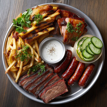 Rustikale Grillplatte mit saftigen Fleischst&uuml;cken, knusprigen Pommes frites, gegrillten W&uuml;rstchen und frischem Gem&uuml;se auf einem silbernen Teller mit Dip-Sauce.