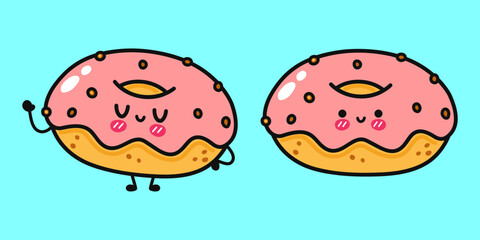 Two cute cartoon donuts with pink frosting on a light blue background, both smiling with joy.