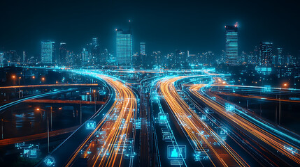 Fototapeta premium An AI powered system enhancing transportation routing by analyzing real time traffic and logistics data, futuristic AI-driven transportation platform, Logistics technology style