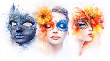 Carnival Mask Watercolor Set with Rich Details and Sepiatone Oil Painting Aesthetic Chaos