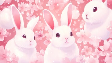 Obraz premium Cute Rabbits in Cherry Blossom Garden
