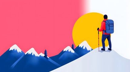 Hiker standing on a mountain peak with a sunrise flat style illustration