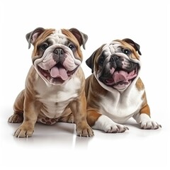 Fototapeta premium English bulldogs of assorted colors sitting together on white background, forming playful group portrait with adorable personalities