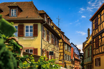 Ornate traditional half timbered houses with blooming flowers along the canals, Little Venice district in Colmar, picturesque village in Alsace France