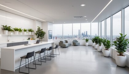 Contemporary office break area with urban skyline view and plant decorations