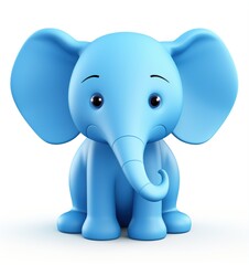 Baby elephant with blue skin and pink toenails, sitting serenely against white background. Rendering gentle smile and childlike innocence