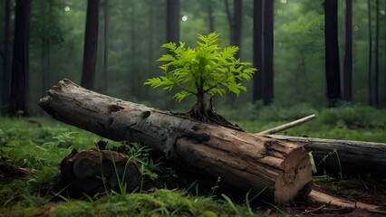 Fototapeta premium A new green leaf is born on an old tree. Concept of hope for a new life in the natural environment in the future. renewal with business development and eco-symbolic concepts environmental protection.