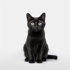 Obraz premium Black kitten sitting, gazing intently with wide luminous eyes against pure white seamless backdrop, highlighting feline elegance and innocence