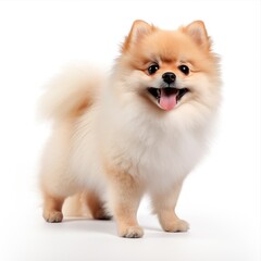 Obraz premium Fluffy pomeranian puppy standing on pristine background, tongue out, panting happily with adorable expression and playful demeanor