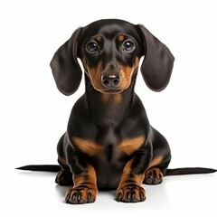 Dachshund puppy perching attentively on pristine backdrop, revealing characteristic elongated torso and petite limbs with inquisitive gaze