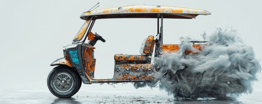 A vintage tuk-tuk with an artistic display of smoke and rust.