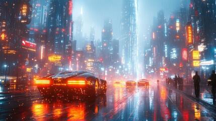 Fototapeta premium Cyberpunk Cityscape: Futuristic urban scene ablaze with neon lights, reflecting off wet streets, as sleek vehicles navigate through the vibrant metropolis under a dramatic, misty sky. 