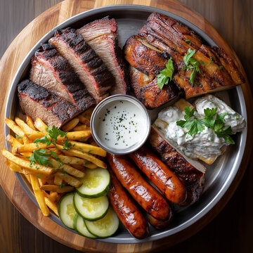 Rustikale Grillplatte mit saftigen Fleischst&uuml;cken, knusprigen Pommes frites, gegrillten W&uuml;rstchen und frischem Gem&uuml;se auf einem silbernen Teller mit Dip-Sauce.