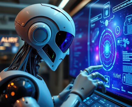 Humanoid machine accessing a control interface with alien star system visuals Generative AI