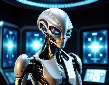 Humanoid machine accessing a control interface with alien star system visuals Generative AI