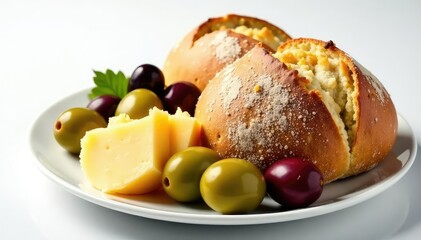 Rustic Italian bread, olives, cheese on white, delicious food, cuisine, white