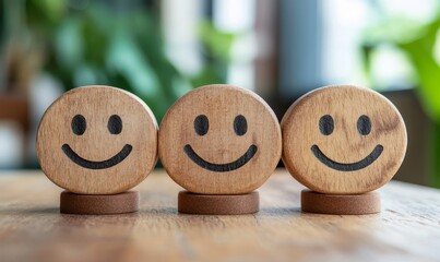 three wooden smiley faces are placed on a wooden table