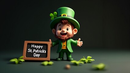 A 3D illustration of a leprechaun holding a sign that says "Happy St. Patrick's Day."