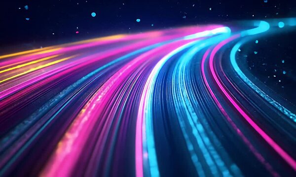 Light trails create blurred, colorful streaks. An immersive perspective gives the feeling of high speed and futuristic travel