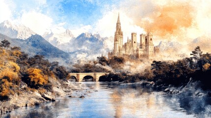 Fototapeta premium Enchanting castle in forest by river with detailed sepia oil painting aesthetic chaos under soft lighting