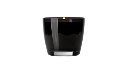 Black glass candle, reflective surface, minimalist style,
