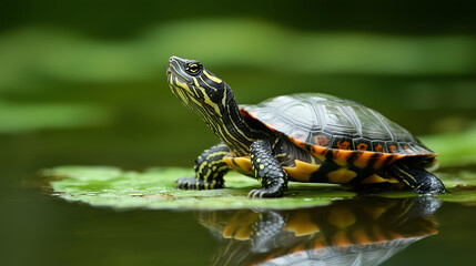 Fototapeta premium Resting Painted Turtle on Lily Pad, Turtle on Calm Water