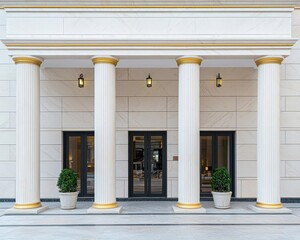 Fototapeta premium Elegant hotel building with marble columns, arched windows, and sophisticated lighting, elegant hotel architecture, classic, luxurious
