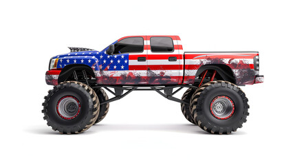 American Flag Monster Truck:  Detailed Side View of Custom-Designed Off-Road Vehicle