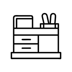 Office desk furniture with drawers and stationery holder vector icon for interior design and workspace setup