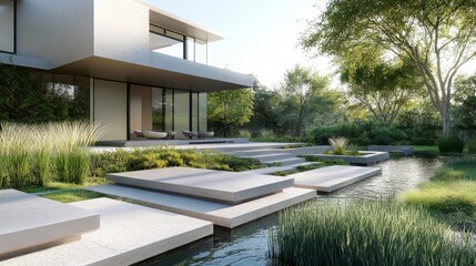 A visually striking entrance garden features layered stone terraces, sleek black water basins, and a meticulously pruned bonsai tree standing as a sculptural focal point.