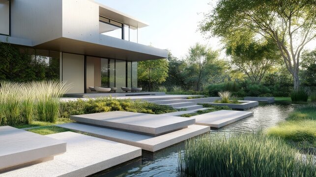A visually striking entrance garden features layered stone terraces, sleek black water basins, and a meticulously pruned bonsai tree standing as a sculptural focal point.