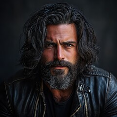 Fototapeta premium Intense Close-Up Portrait of a Bearded Man with Long Hair